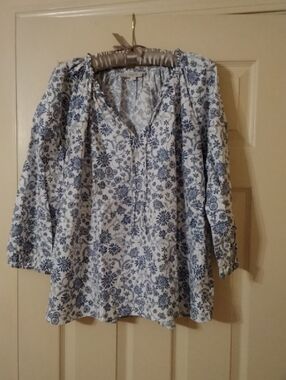 LOFT White Peasant Top with Blue Floral Print